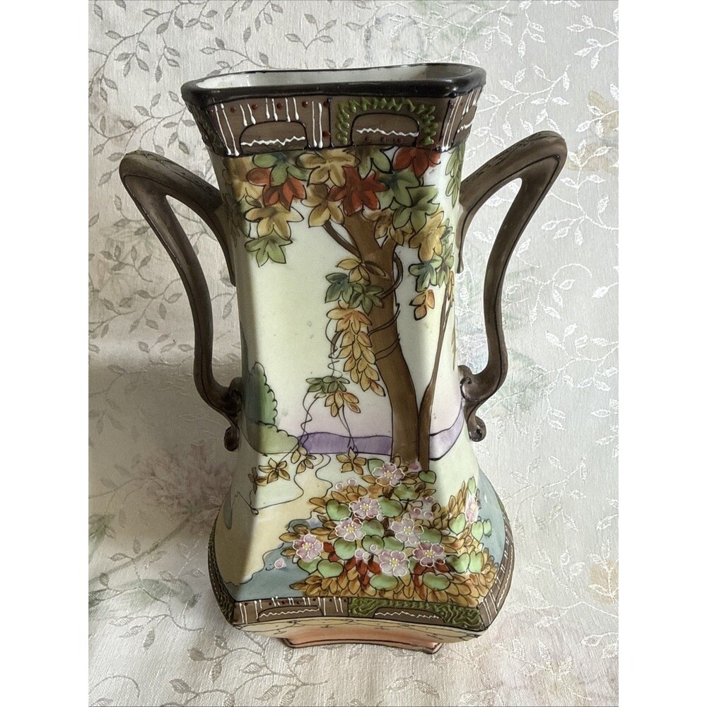 Antique Hand Painted Nippon Scenic Woodland Vase Double Handles Raised Enamel.